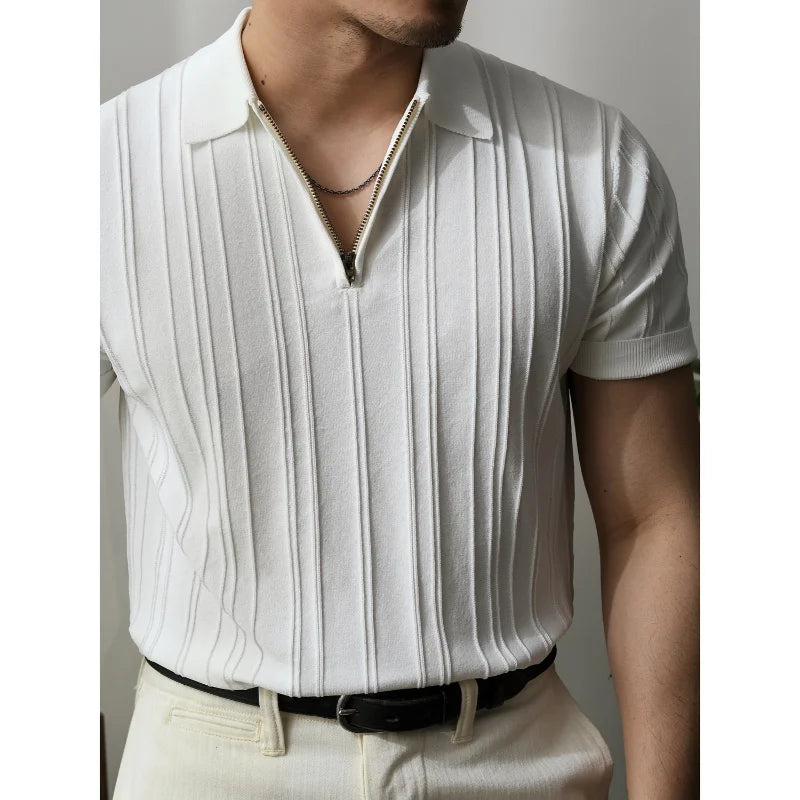 Modern men's slim fit polo shirt, zipper detail, perfect for contemporary casual wear.