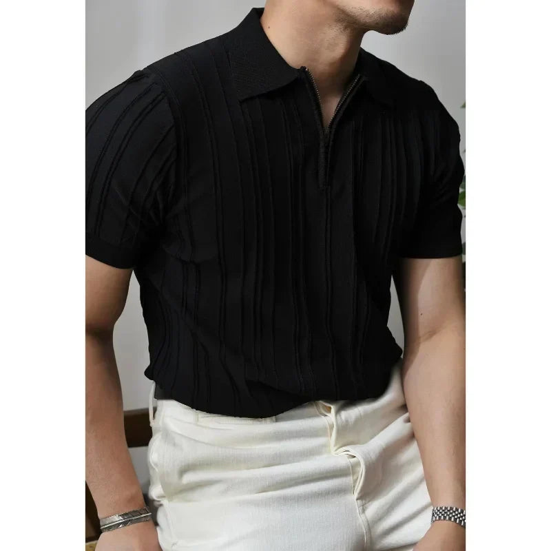 Short sleeve men's zipper polo, slim fit design for a sleek, modern look.