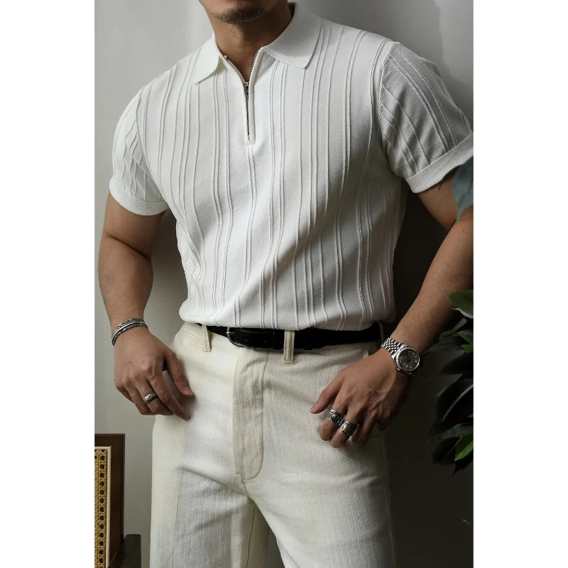 Men's slim fit zipper polo shirt, modern short sleeve, ideal for casual summer style.