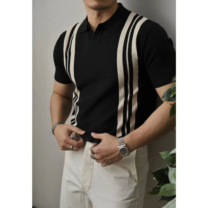 Contemporary men's slim fit zipper polo shirt, short sleeve, offering urban casual sophistication.