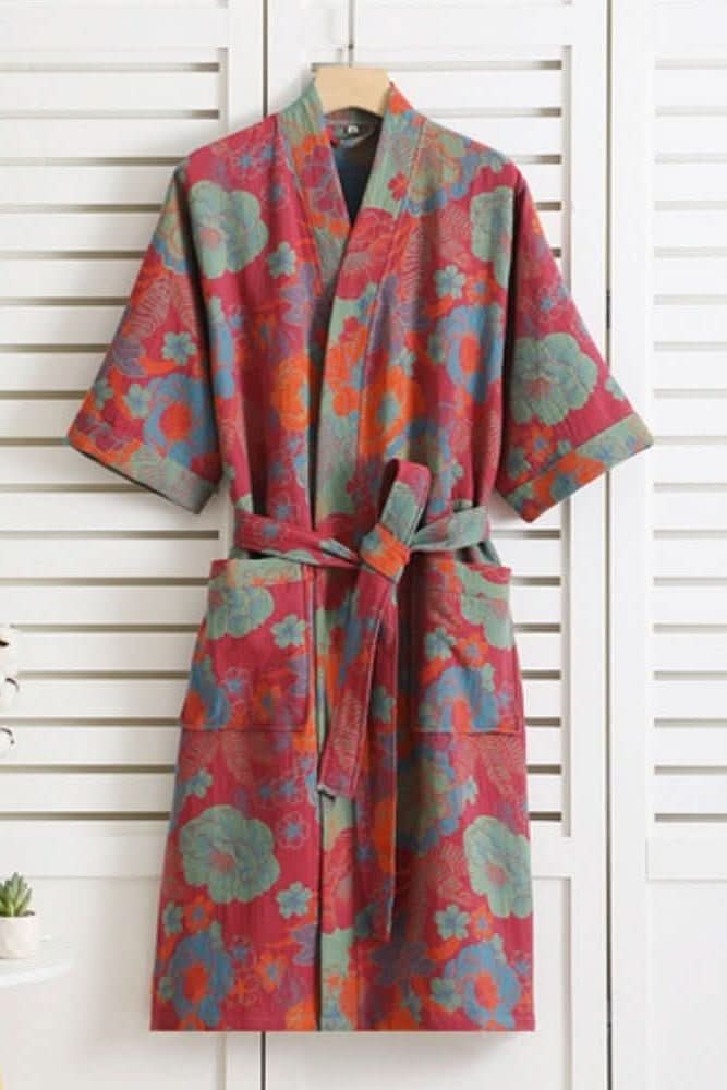 Women's lightweight bathrobe, soft, comfortable, and stylish for lounging with a retro pattern.