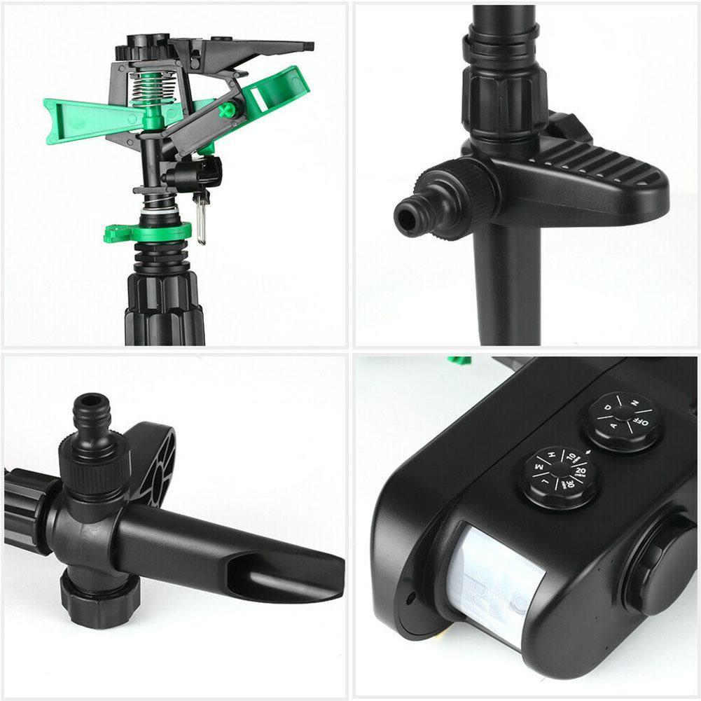 "Solar motion-activated deer deterrent sprinkler in garden, dark green, solar panel, eco-friendly design, protects plants."