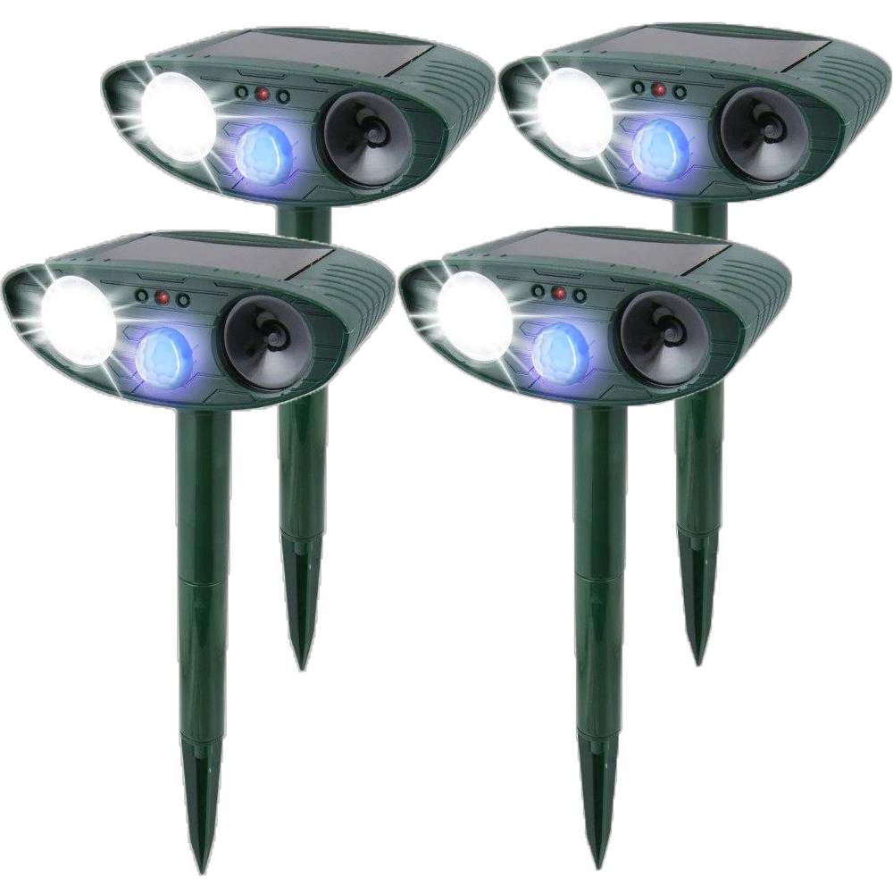 "Solar-powered ultrasonic rabbit repeller with dual sensors and LED lights for effective garden protection against rabbits."