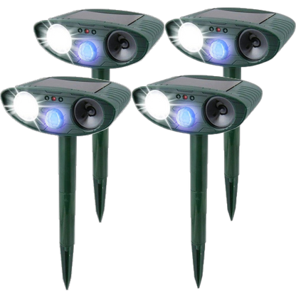 "Solar-powered ultrasonic rabbit repeller with dual sensors and LED lights for effective garden protection against rabbits."