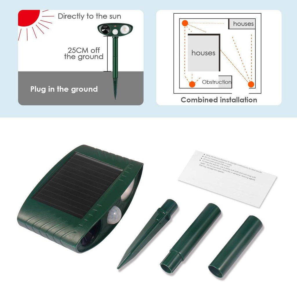 "Solar-powered ultrasonic rabbit repeller with dual sensors and LED lights for effective garden protection against rabbits."