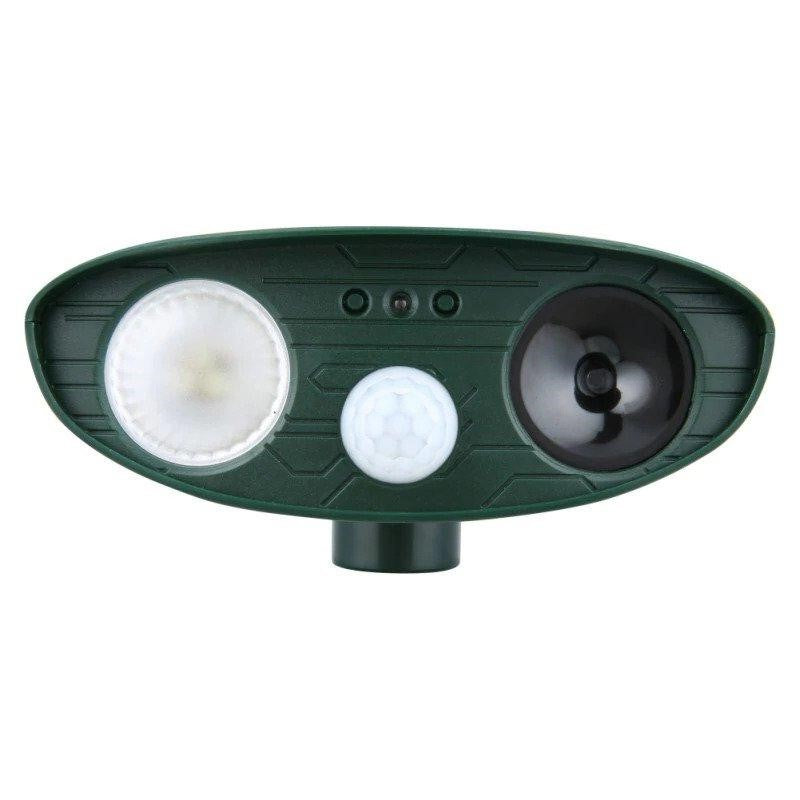 "Solar-powered ultrasonic rabbit repeller with dual sensors and LED lights for effective garden protection against rabbits."