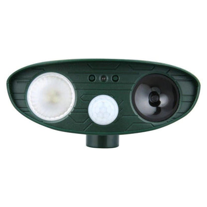 "Solar-powered ultrasonic rabbit repeller with dual sensors and LED lights for effective garden protection against rabbits."