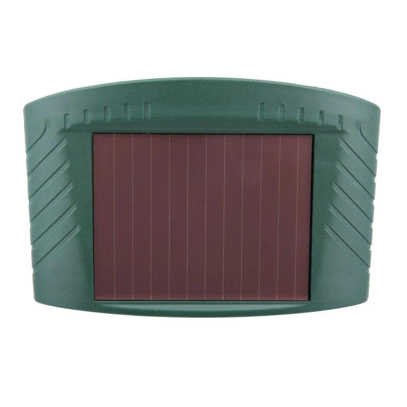 "Solar-powered ultrasonic rabbit repeller with dual sensors and LED lights for effective garden protection against rabbits."