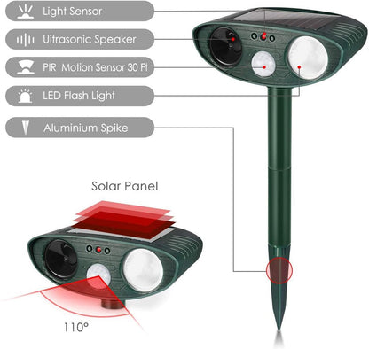 "Solar-powered ultrasonic rabbit repeller with dual sensors and LED lights for effective garden protection against rabbits."