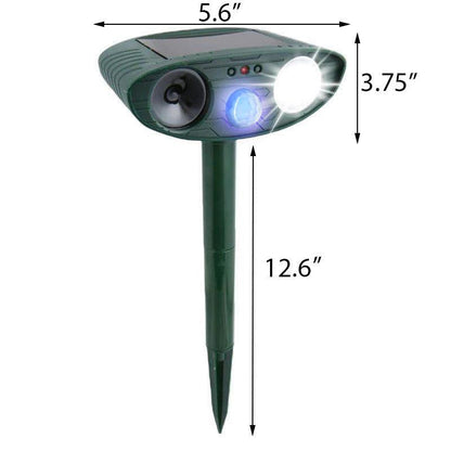 "Solar-powered ultrasonic rabbit repeller with dual sensors and LED lights for effective garden protection against rabbits."
