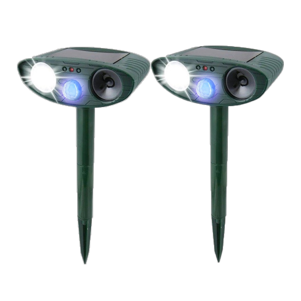 "Solar-powered ultrasonic rabbit repeller with dual sensors and LED lights for effective garden protection against rabbits."