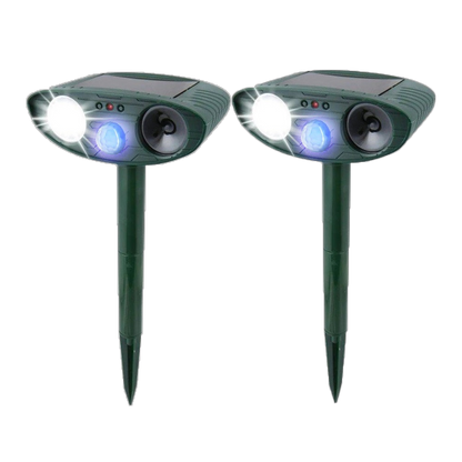 "Solar-powered ultrasonic rabbit repeller with dual sensors and LED lights for effective garden protection against rabbits."