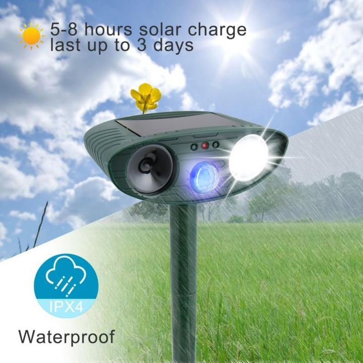 Solar-powered ultrasonic deer repeller keeps deer & other animals away from your garden and property.