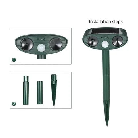 Waterproof solar ultrasonic deer repeller ensures all-weather garden pest control and outdoor use.