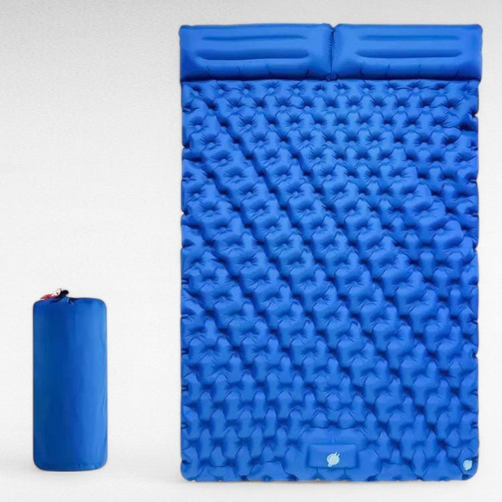 Brown spacious double air mattress, fast inflation for comfortable 2-person outdoor sleeping.