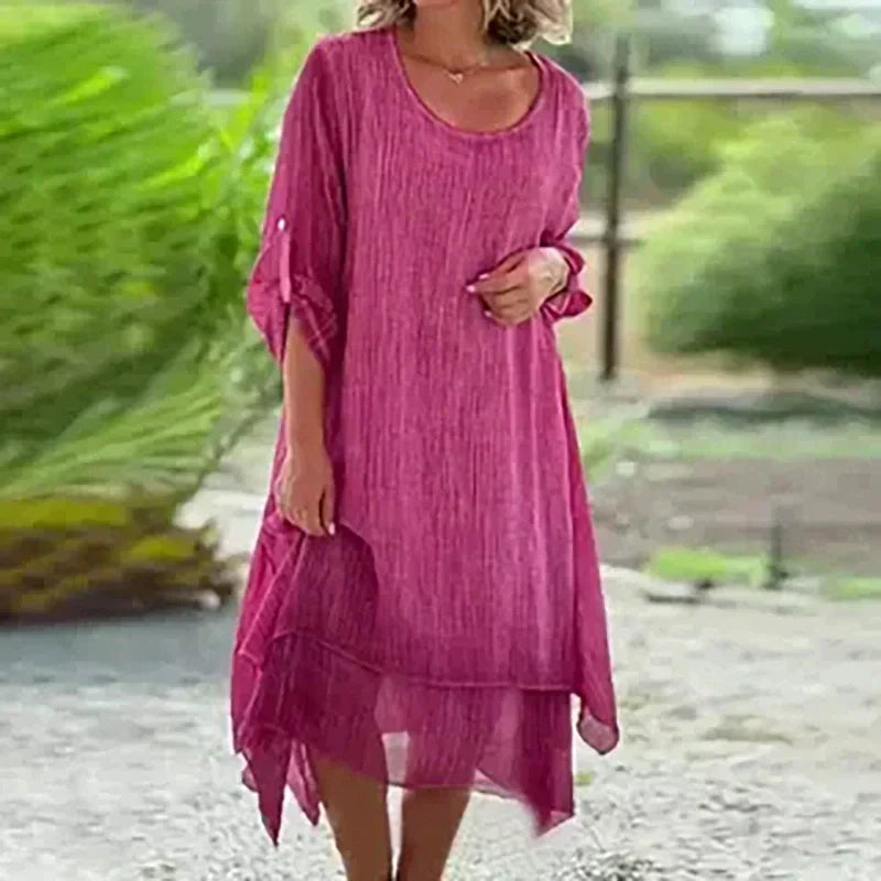 Comfortable women's layered midi dress, 3/4 sleeves, perfect for casual wear & effortless summer elegance.