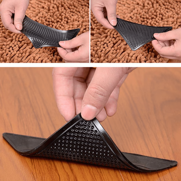"Square non-slip rug gripper pads on light surface, self-adhesive and residue-free, ensuring rugs stay secure on all floors."