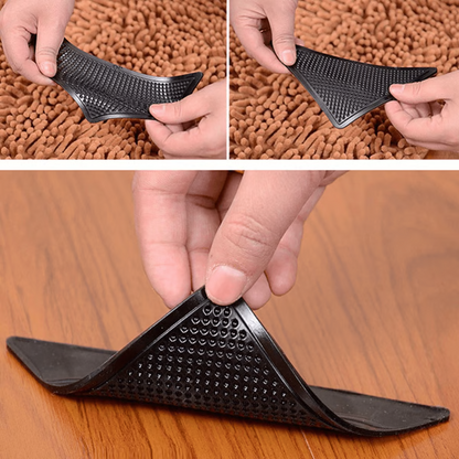 "Square non-slip rug gripper pads on light surface, self-adhesive and residue-free, ensuring rugs stay secure on all floors."