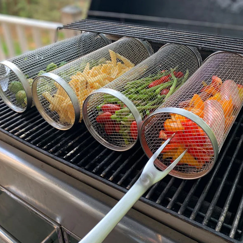 "Stainless steel BBQ grill basket with rotating design for even grilling of veggies and meats, enhancing cooking flavors."