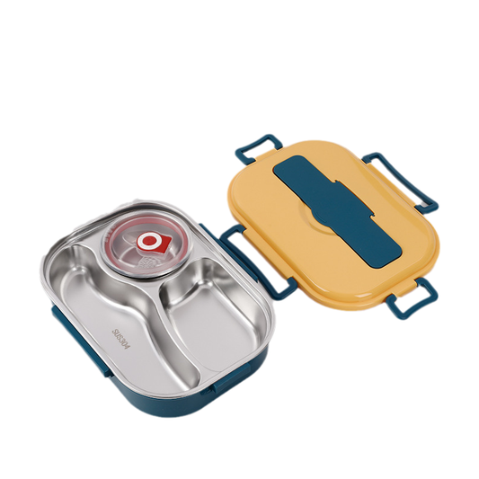Stainless steel thermal lunch box, multiple compartments, sleek design, vibrant colors: yellow, green, pink, blue, keeps food