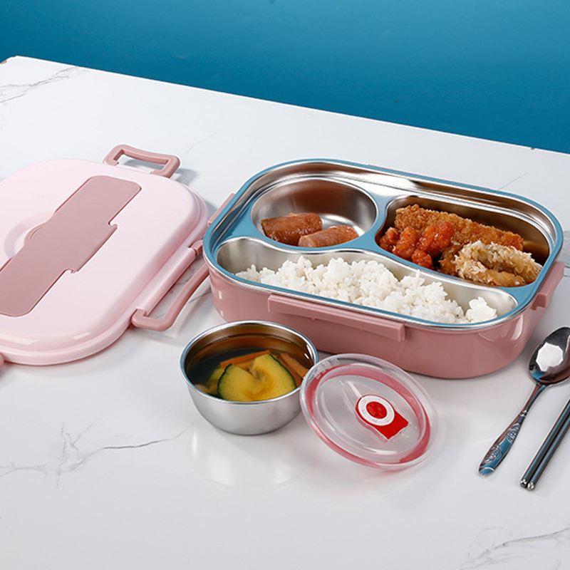 Stainless steel thermal lunch box, multiple compartments, sleek design, vibrant colors: yellow, green, pink, blue, keeps food