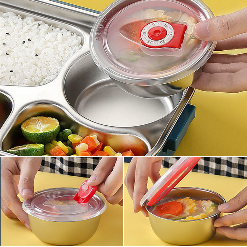 Stainless steel thermal lunch box, multiple compartments, sleek design, vibrant colors: yellow, green, pink, blue, keeps food
