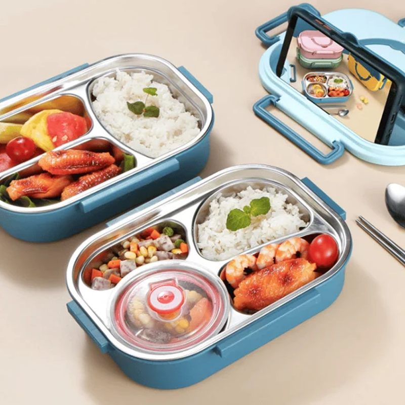 Stainless steel thermal lunch box, multiple compartments, sleek design, vibrant colors: yellow, green, pink, blue, keeps food