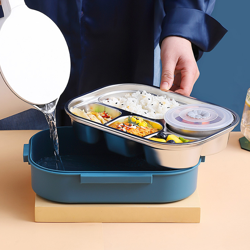 Stainless steel thermal lunch box, multiple compartments, sleek design, vibrant colors: yellow, green, pink, blue, keeps food