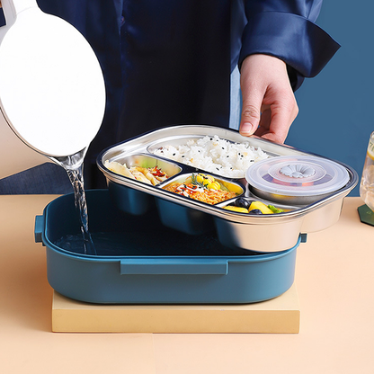 Stainless steel thermal lunch box, multiple compartments, sleek design, vibrant colors: yellow, green, pink, blue, keeps food