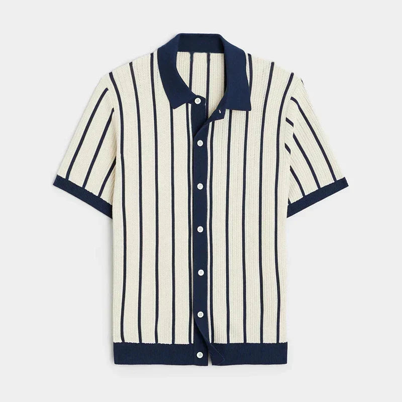 Versatile men's striped knit top with button placket for casual outings, summer, or everyday wear.