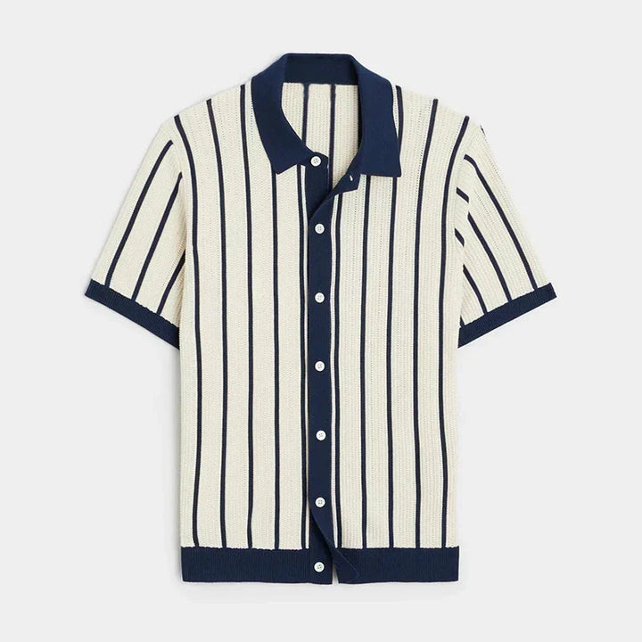 Versatile men's striped knit top with button placket for casual outings, summer, or everyday wear.