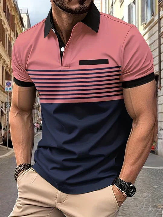Versatile men's classic striped polo shirt. Great for summer fashion, casual outings, vacation, and everyday stylish comfort.