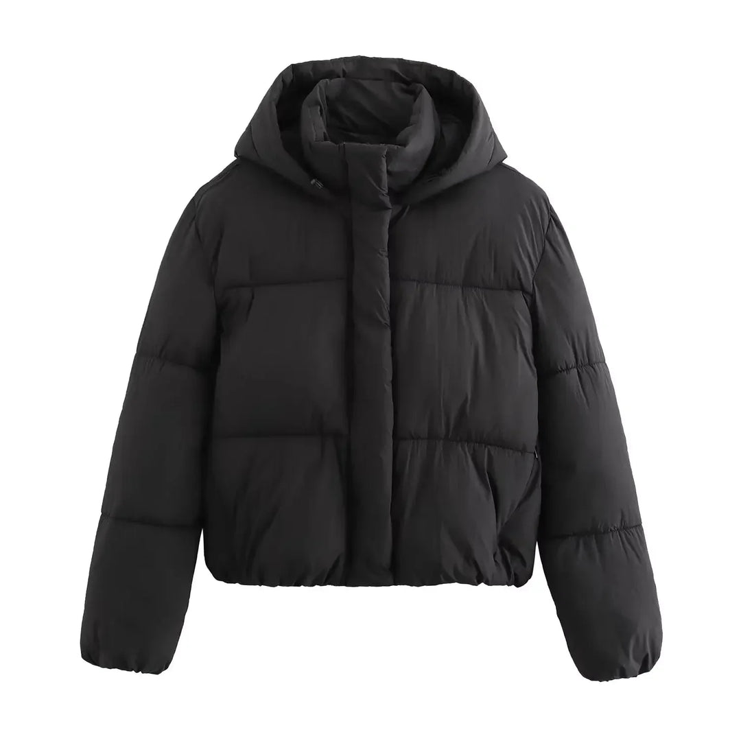 Stylish women's cropped insulated puffer jacket in black with a high collar, perfect for winter fashion