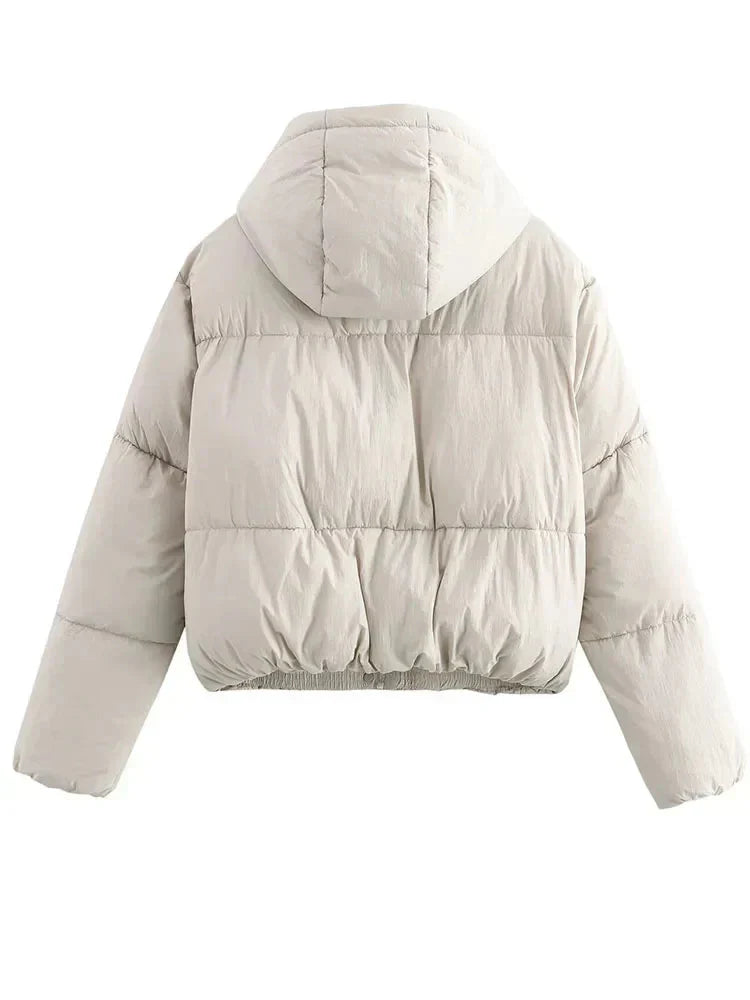 Sleek women's cropped winter coat, insulated puffer design, offering both warmth and modern style