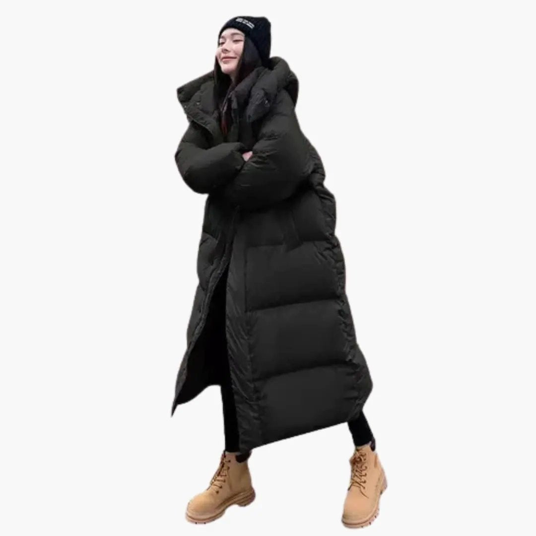 Women's warm long puffer coat, a stylish quilted jacket with hood, ideal for fall and winter fashion.