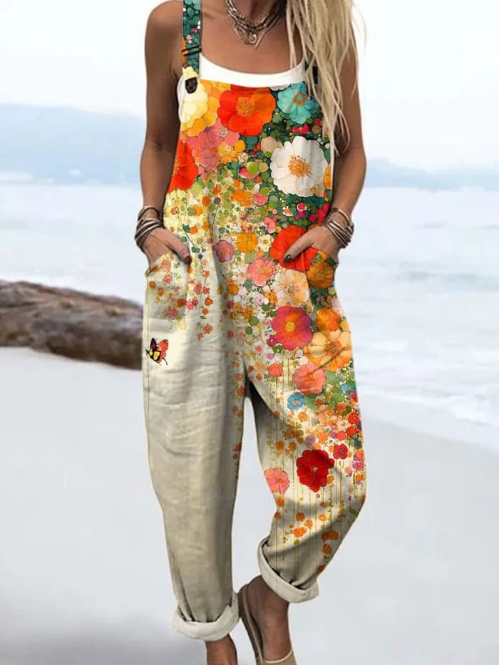 Stylish women's vintage floral wide leg jumpsuit with pockets, ideal for summer, casual wear, or boho chic outfits.