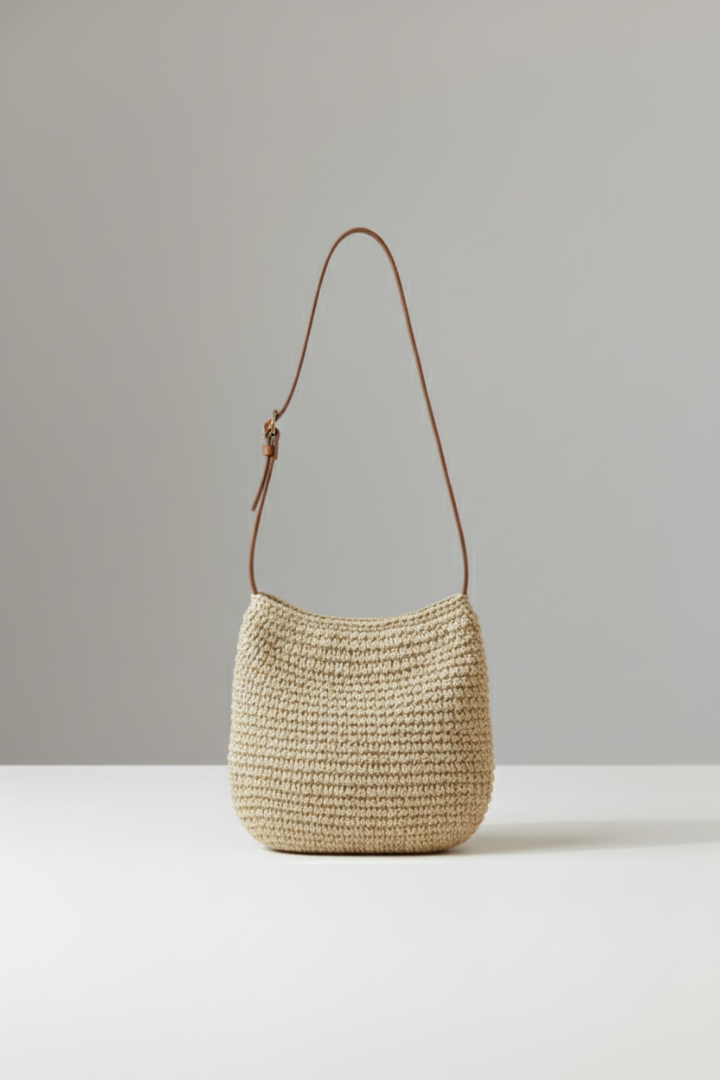 Versatile women's woven crossbody bag with a long strap, also functions as a stylish shoulder bag. Beige/brown color.