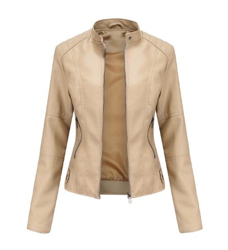 "Stylish women's leather jacket with chic Mandarin collar, premium PU material, and versatile design for fashion-forward comf