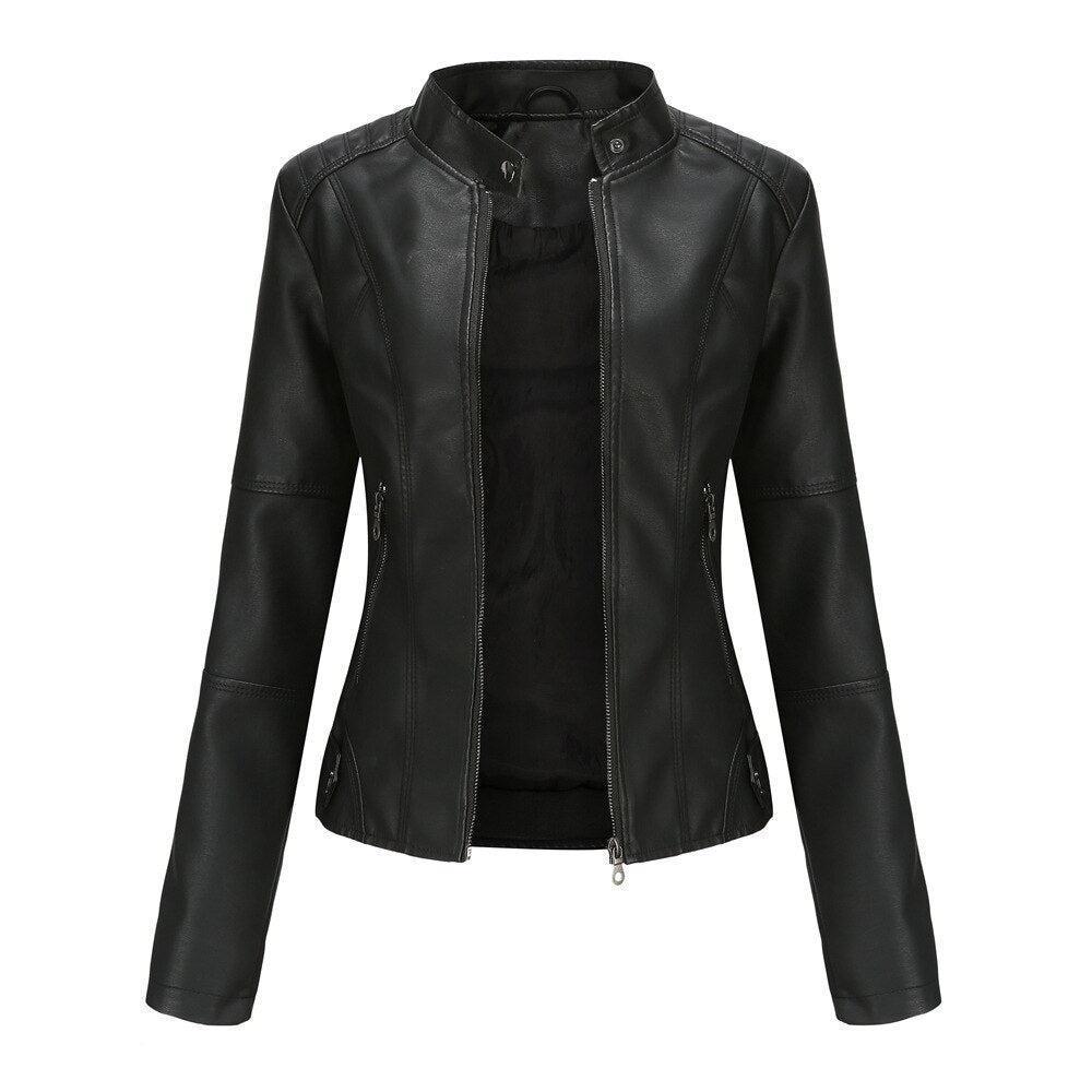 "Stylish women's leather jacket with chic Mandarin collar, premium PU material, and versatile design for fashion-forward comf