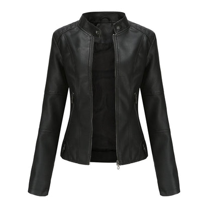 "Stylish women's leather jacket with chic Mandarin collar, premium PU material, and versatile design for fashion-forward comf