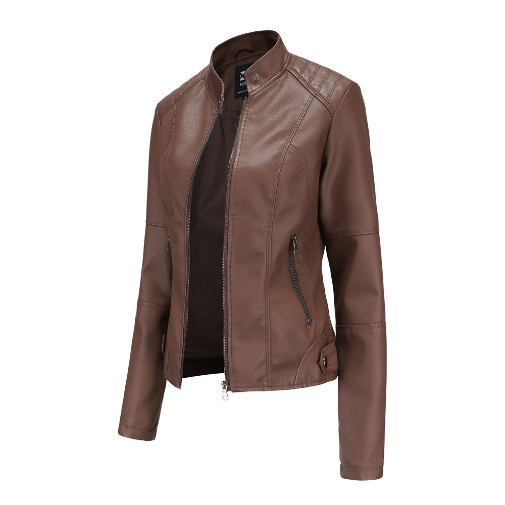 "Stylish women's leather jacket with chic Mandarin collar, premium PU material, and versatile design for fashion-forward comf