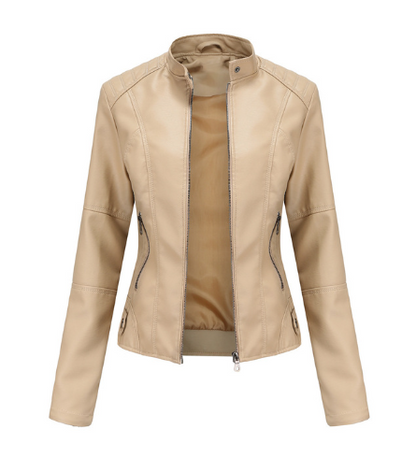 "Stylish women's leather jacket with chic Mandarin collar, premium PU material, and versatile design for fashion-forward comf