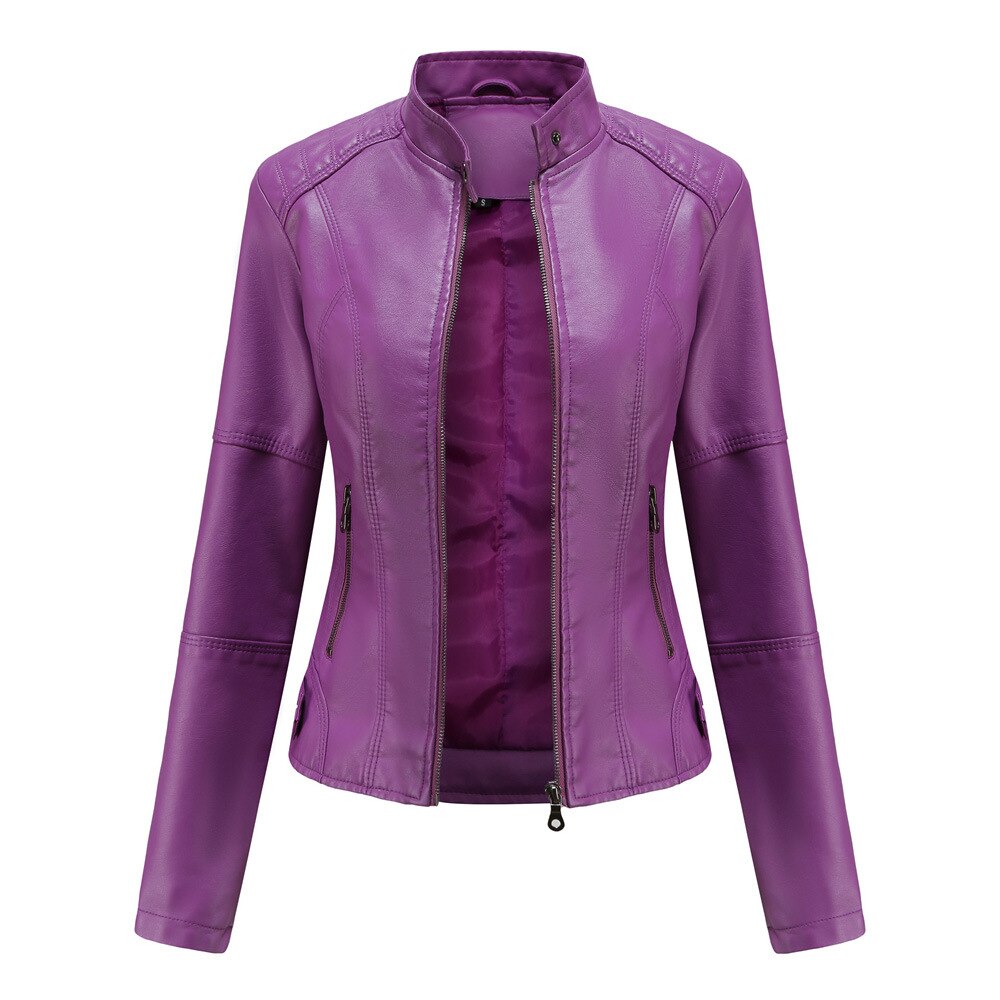 "Stylish women's leather jacket with chic Mandarin collar, premium PU material, and versatile design for fashion-forward comf