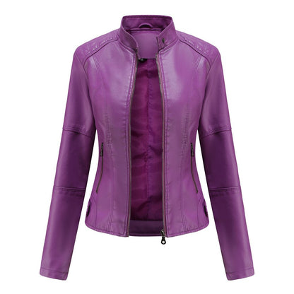 "Stylish women's leather jacket with chic Mandarin collar, premium PU material, and versatile design for fashion-forward comf