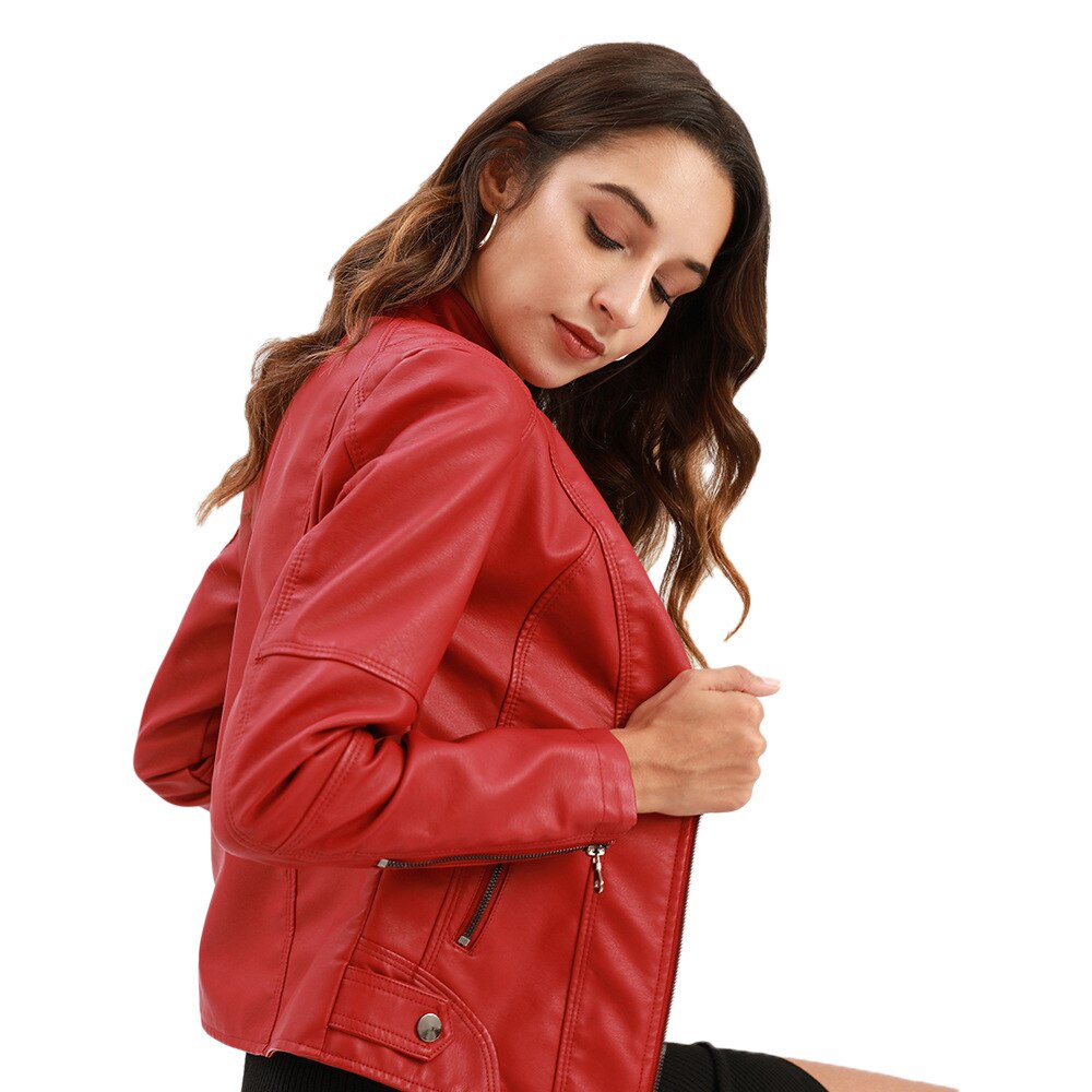 "Stylish women's leather jacket with chic Mandarin collar, premium PU material, and versatile design for fashion-forward comf