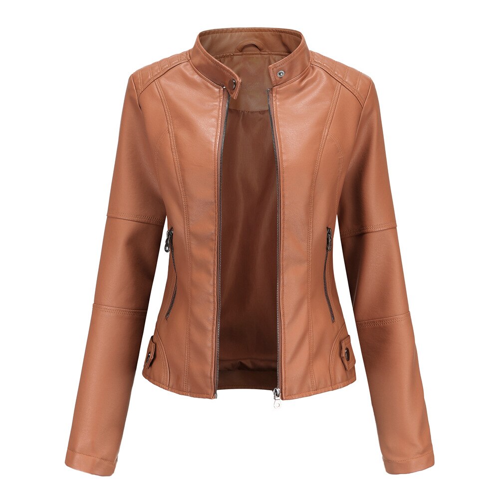 "Stylish women's leather jacket with chic Mandarin collar, premium PU material, and versatile design for fashion-forward comf