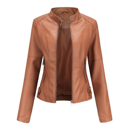 "Stylish women's leather jacket with chic Mandarin collar, premium PU material, and versatile design for fashion-forward comf