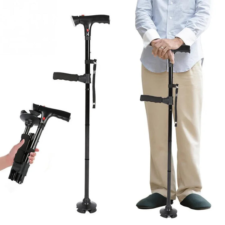 SureStep Folding Walking Cane with LED light, self-standing base, and adjustable height for elderly mobility.