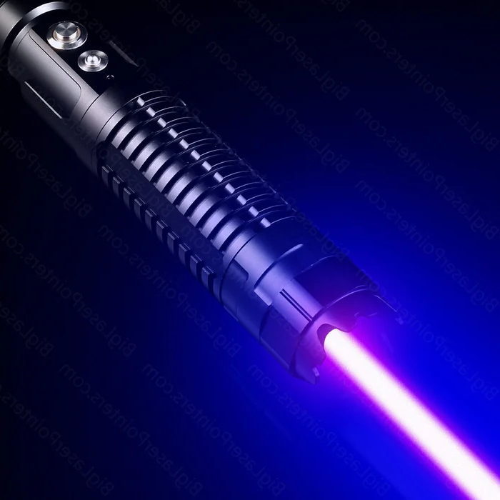 "Tactical laser torch emitting a bright blue beam, ideal for outdoor adventures and survival, made of sturdy aluminum."