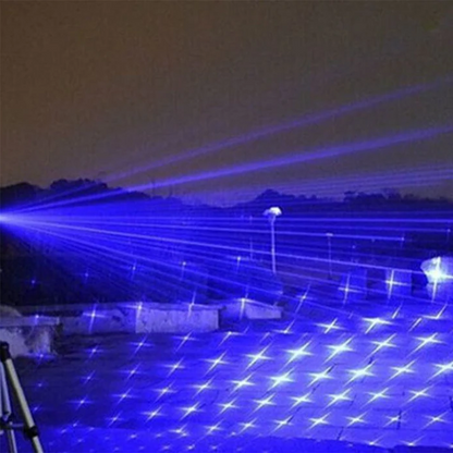 "Tactical laser torch emitting a bright blue beam, ideal for outdoor adventures and survival, made of sturdy aluminum."